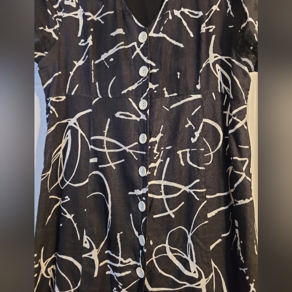Lovely 100% Linen - Dolcezza Black & White Abstract Maxi Dress XL - Picture 3 of 4